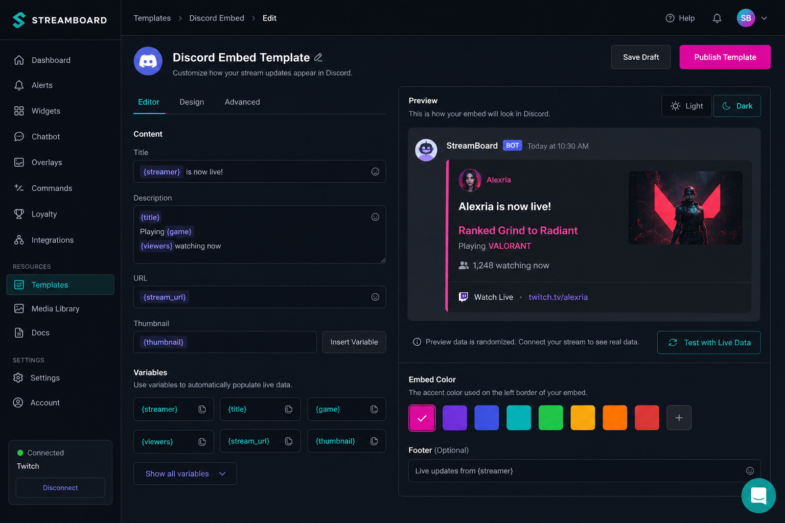 Template-Editor mit Platzhaltern für Discord Go-Live-Embeds